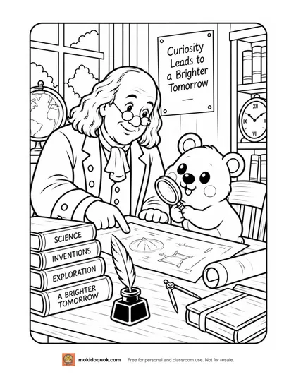 Benjamin Franklin coloring page: Franklin pointing at invention sketches while Moki the quokka looks through a magnifying glass