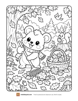 Fall coloring page: Moki in a scarf rakes a pile of leaves next to a full basket, with a squirrel on a stump, a bird, trees and mushrooms around.