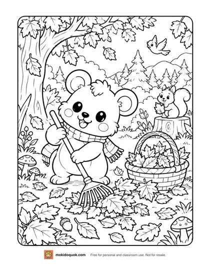 Fall coloring page: Moki in a scarf rakes a pile of leaves next to a full basket, with a squirrel on a stump, a bird, trees and mushrooms around.