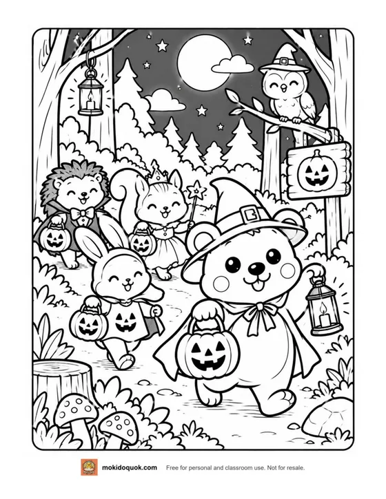 Halloween coloring page: Moki the quokka in a witch hat trick-or-treating with a bunny, a squirrel, a hedgehog and an owl