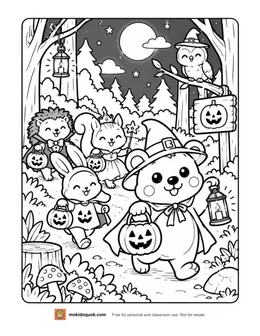 Halloween coloring page: Moki the quokka in a witch hat trick-or-treating with a bunny, a squirrel, a hedgehog and an owl