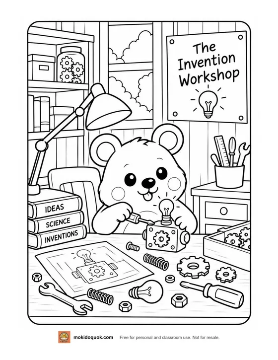 Coloring page: Moki the quokka building a gadget with a screwdriver in an invention workshop full of gears, tools and light bulbs