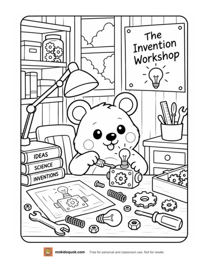 Coloring page: Moki the quokka building a gadget with a screwdriver in an invention workshop full of gears, tools and light bulbs