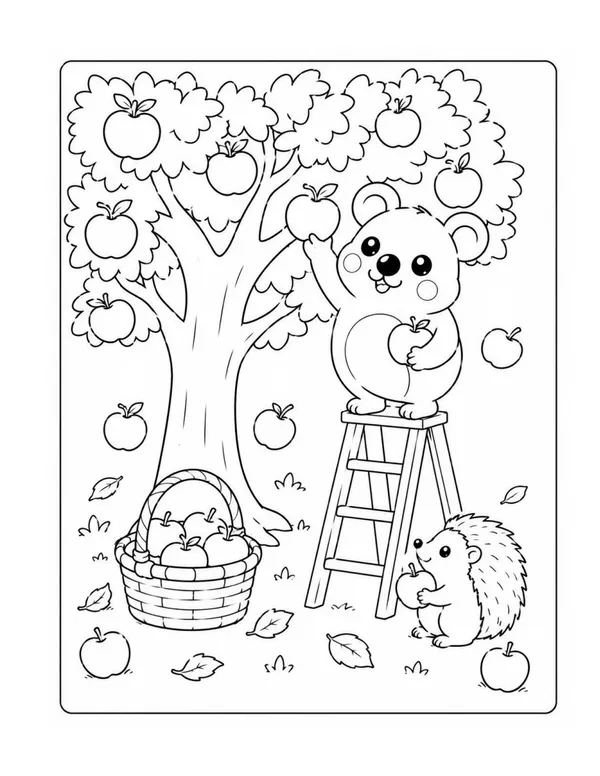 Fall coloring pages: apples, leaves and forest friends