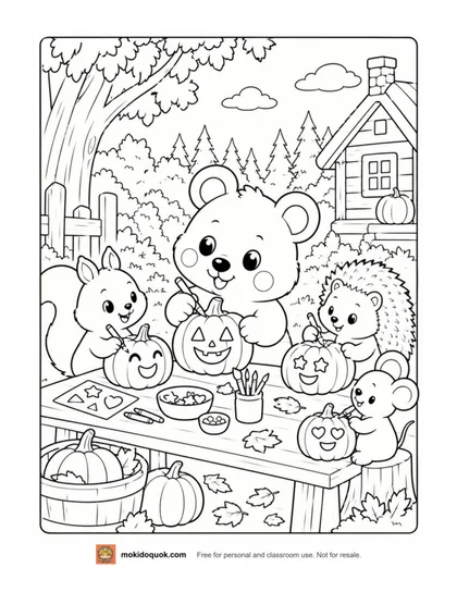 Pumpkin coloring page: Moki the quokka, a squirrel, a hedgehog and a mouse decorating jack-o’-lanterns at a garden table