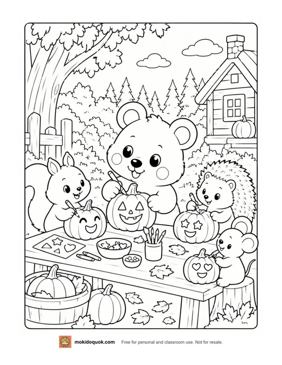 Pumpkin coloring page: Moki the quokka, a squirrel, a hedgehog and a mouse decorating jack-o’-lanterns at a garden table