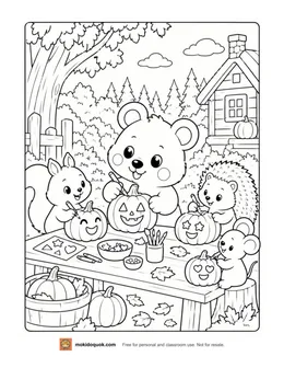 Pumpkin coloring page: Moki the quokka, a squirrel, a hedgehog and a mouse decorating jack-o’-lanterns at a garden table