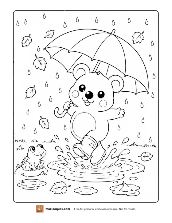 Rainy day coloring page: Moki the quokka jumping in a puddle under an umbrella, with a frog and falling leaves