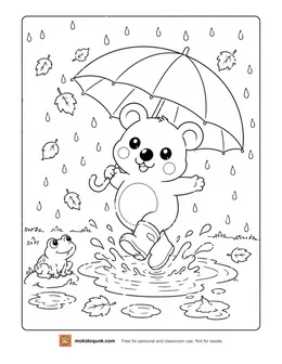 Rainy day coloring page: Moki the quokka jumping in a puddle under an umbrella, with a frog and falling leaves