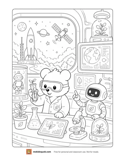 Science coloring page: Moki the quokka in goggles holding a test tube next to a robot, a microscope and plants in a lab
