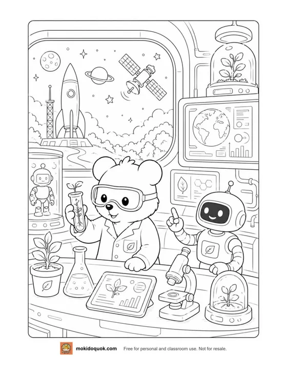 Science coloring page: Moki the quokka in goggles holding a test tube next to a robot, a microscope and plants in a lab
