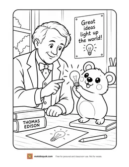 Thomas Edison coloring page: Edison pointing at a glowing light bulb held by Moki the quokka, with a sign that says great ideas light up the world