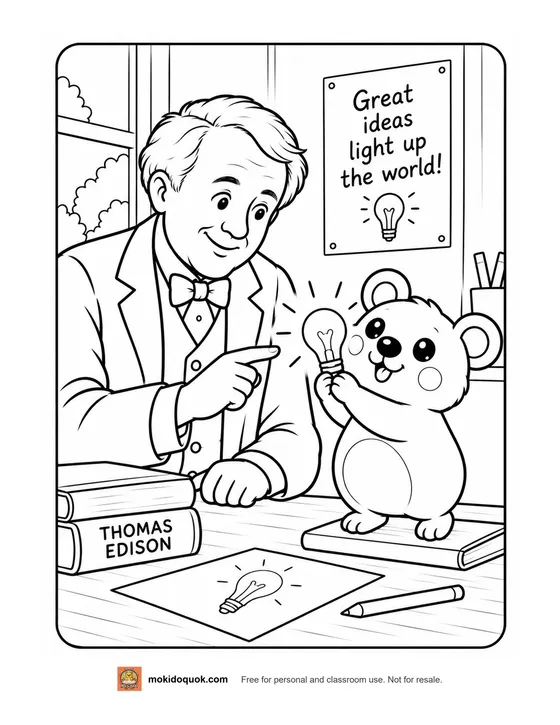 Thomas Edison coloring page: Edison pointing at a glowing light bulb held by Moki the quokka, with a sign that says great ideas light up the world